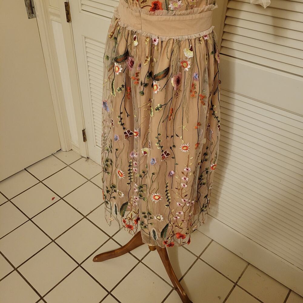 Floral Embroidered Mesh Midi Dress Handmade Beige Sheer Tassel Sleeve XS-S - Picture 8 of 8
